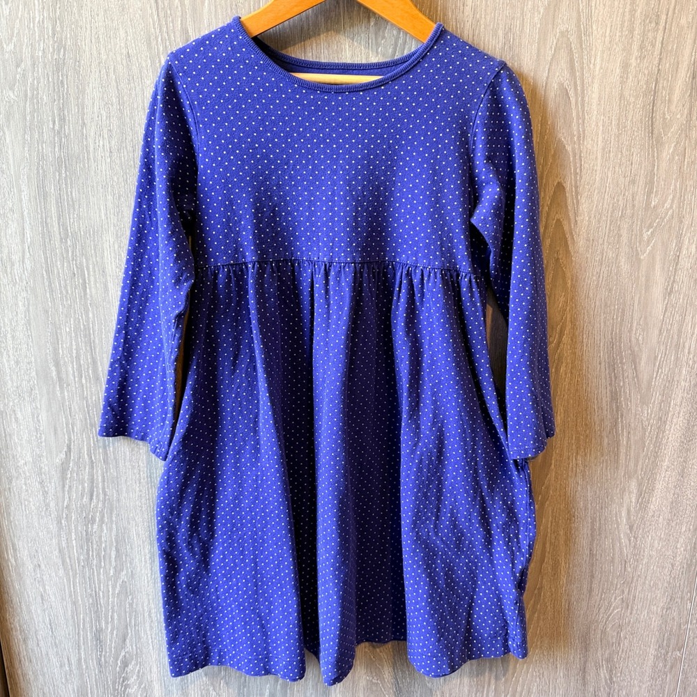 Lands‎ End Polka Dot Dress Girls 6 Blue Long Sleeve Cotton Jersey Pocket Preppy